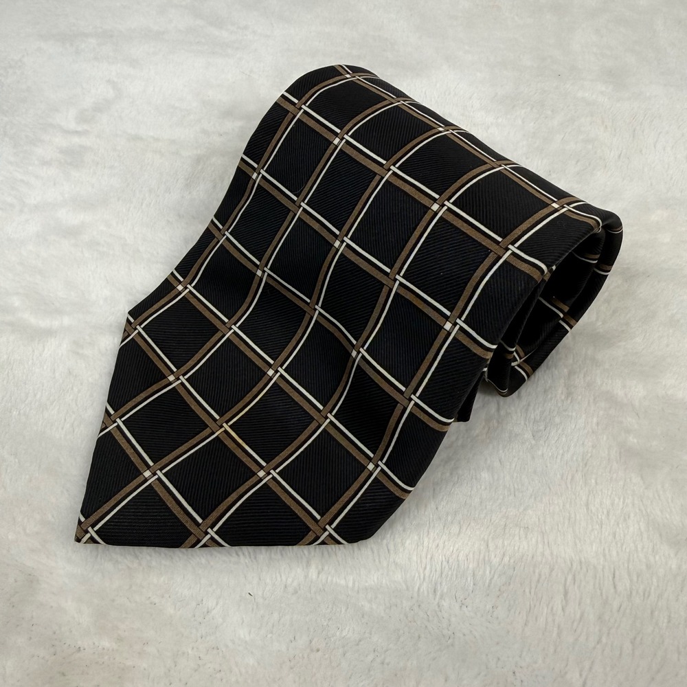Bergamo New York Mens Black Brown Plaid Grid‎ 100% Silk Hand Made Necktie Tie